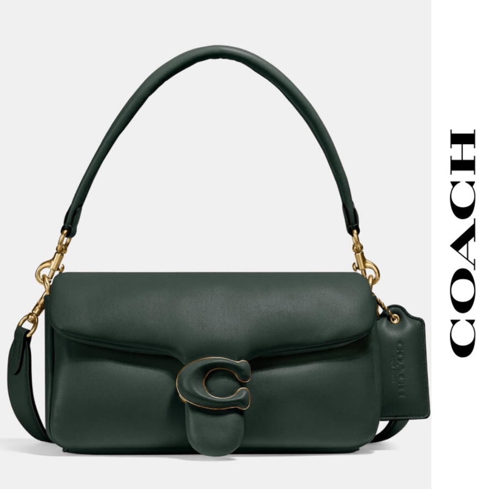 💚NWT COACH Leather Covered C Closure Puffy dark greenTabby Pillow in size 26